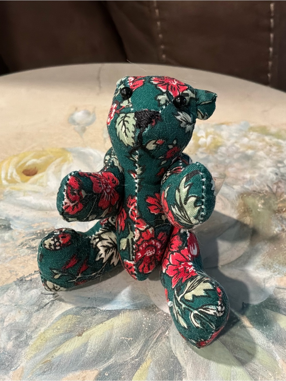 Vintage Applause Mini Fabric Jointed Teddy Bear, Green & Red Floral collectible